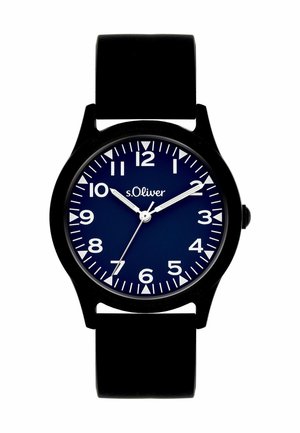 Black wristwatch with a dark blue dial, white numerals, silver hour, minute, and second hands showing 10:11:36, and black strap.