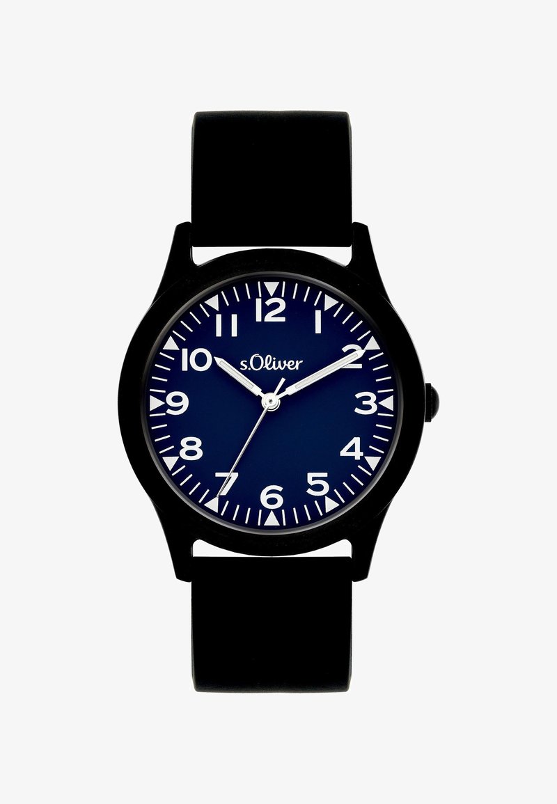 Montre-bracelet noire avec un cadran bleu foncé, chiffres blancs, aiguilles des heures, minutes et secondes argentées indiquant 10:11:36, et bracelet noir.
