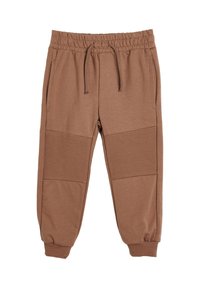 Braune Jogginghosen mit elastischem Bund, Kordelzug, gerippten Kniefeldern, seitlichen Taschen und elastischen Bündchen an den Knöcheln.
