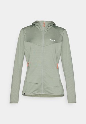 Lys grøn, zip-up hettegenser med teksturert stoff, med oransje glidelåsdetaljer og hvit logo på brystet. To sidelommer inkludert.