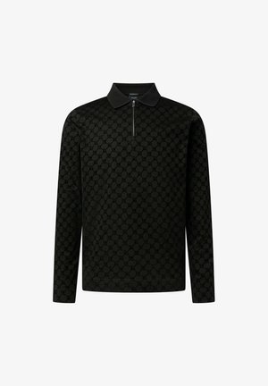 Sort langærmet poloshirt med subtilt cirkelmønster og frontlynlås, der går fra kraven til brystet.