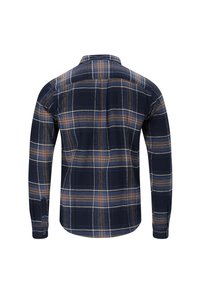 Laivaston sininen ja ruskea ruudullinen pitkähihaisa paita, jossa on napilliset hihansuut, kaulus ja sileä pinta, suoran takaosan muotoilu.