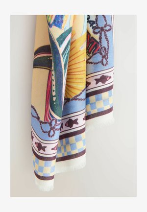 Zachte stof met nautisch thema, met afbeeldingen van touwen, vissen, een gele zon en blauwe en gele geruite randafwerkingen.