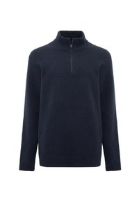 Navy blue pullover sweater in soft, textured fabric. Features a high collar with a short zipper and long sleeves for a relaxed fit.
