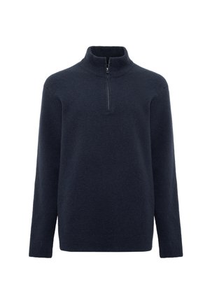 Navy blue pullover sweater in soft, textured fabric. Features a high collar with a short zipper and long sleeves for a relaxed fit.