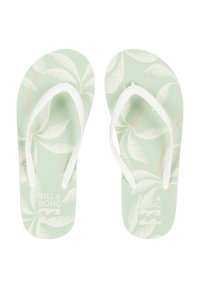 Grønne flip-flops har et bladmønster med hvide stropper, tekstureret fodseng og "BILLABONG" logo trykt på sålen.