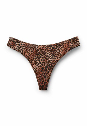 Bas de bikini pour femmes à imprimé léopard marron et noir, coupe taille basse, présenté sur un fond blanc.