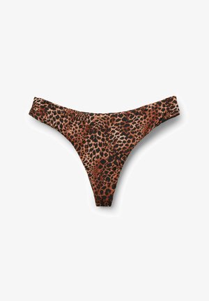 Bas de bikini pour femmes à imprimé léopard marron et noir, coupe taille basse, présenté sur un fond blanc.
