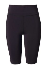 Zwarte sportshorts van rekbaar materiaal, met een hoge tailleband, knielange snit en nette stiksels.