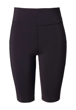 Zwarte sportshorts van rekbaar materiaal, met een hoge tailleband, knielange snit en nette stiksels.