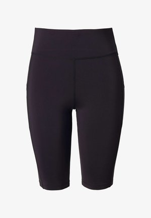 Pantaloni sportivi neri realizzati in tessuto elastico, con una fascia alta in vita, design fino al ginocchio e dettagli di cucitura pulita.