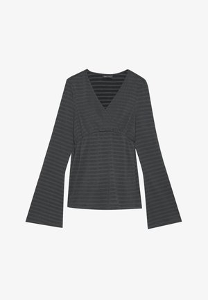 Tumehall pikkade varrukatega pluus V-kujuga kaelusega, millel on peened triibud, kogutud vöökoht ja laiad varrukad, et anda mugav lõige.