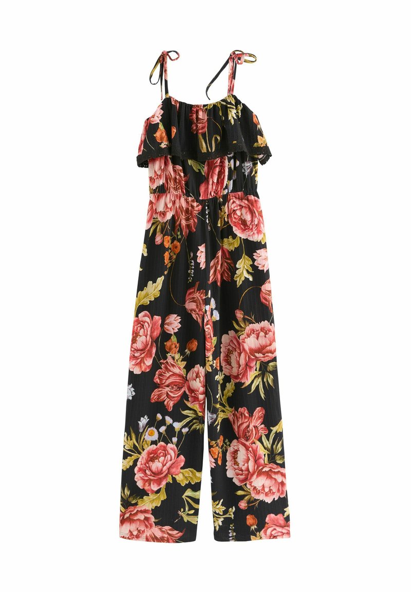 Blommig jumpsuit med svart bakgrund, med stora rosa och gula blommor. Volangkrage, justerbara axelband och vida ben.