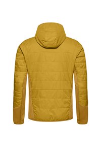 Veste matelassée jaune moutarde avec capuche et panneaux en tissu contrastant sur les côtés et les manches, vue de dos.