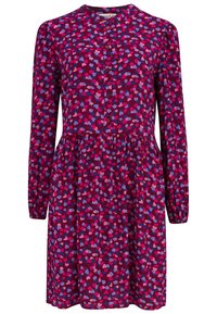 Sukienka z długim rękawem w głębokim burgundowym kolorze, ozdobiona serduszkowym wzorem w odcieniach różu, fioletu i niebieskiego, z guzikowym zapięciem i marszczoną talią.