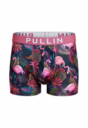 Boxer homme avec motif flamant rose et feuilles tropicales sur fond sombre et ceinture élastique rose avec texte PULLIN.