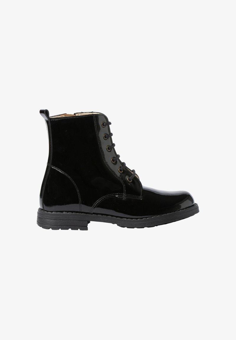 Botines de charol negro con cierre de cordones, punta redonda y suela de goma. Presentan una superficie lisa y detalles de costura.