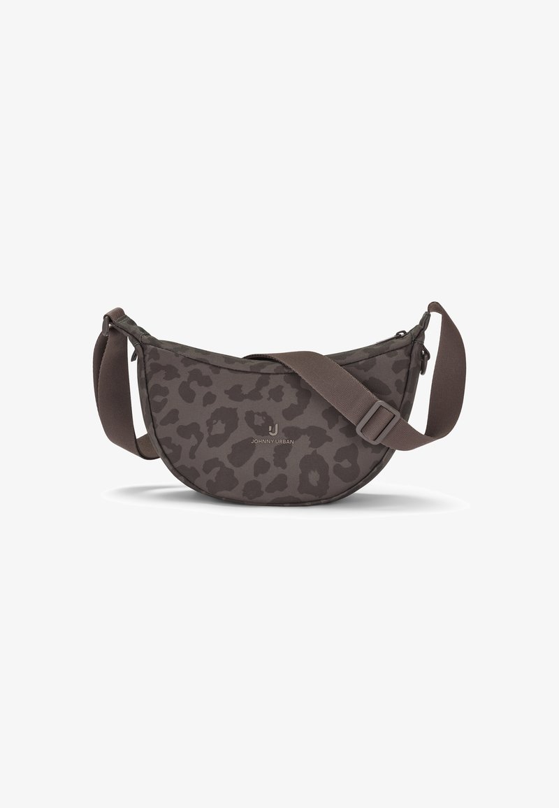 Crossbody-Tasche mit dunkelbraunem Leopardenmuster, verstellbarem Riemen und Reißverschluss, mit Johnny Urban-Logo vorne in der Mitte.