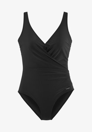 Svart badedrakt i ett stykke med V-hals, omslagsstil foran og brede ermeløse stropper, med diskrete rynker i midjen.