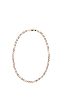 Kullanımı kolay oval halkalardan oluşan altın, gümüş ve pembe altın üç tonlu metal zincir kolye, kafa klipsi kapama ile.