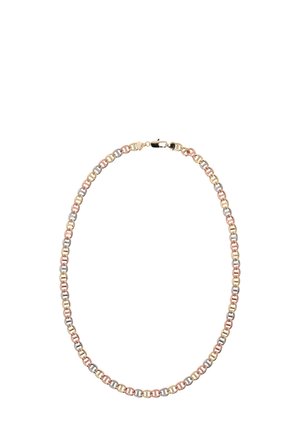Dreifarbiges Metallkettenhalsband aus Gold, Silber und Roségold mit glatten ovalen Gliedern und einem Karabinerverschluss.