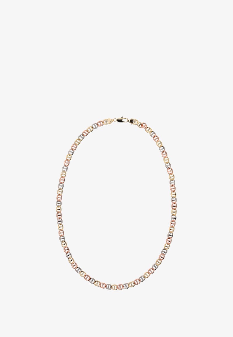 Kullanımı kolay oval halkalardan oluşan altın, gümüş ve pembe altın üç tonlu metal zincir kolye, kafa klipsi kapama ile.