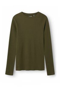 Langärmliges, olivgrünes Oberteil aus geripptem Stoff mit Rundhalsausschnitt und geradem Schnitt. Es hat ein minimalistisches Design ohne sichtbare Muster.