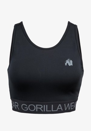 Zwarte sportbeha met een ronde hals, gemaakt van gladde stof. Bevat een logo in het grijs en een brede tailleband met "GORILLA WEAR" in grijs gedrukt.