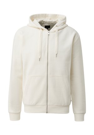 Sweat à capuche zippé écru avec poches à l'avant, capuche avec cordon de serrage, manches longues, et poignets et ourlet côtelés.