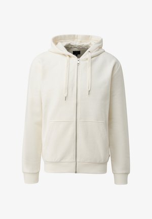 Sweat à capuche zippé écru avec poches à l'avant, capuche avec cordon de serrage, manches longues, et poignets et ourlet côtelés.