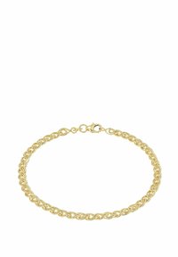 Bracciale in oro con maglie intrecciate, texture liscia e chiusura sicura a moschettone. Adatto per l'uso quotidiano.