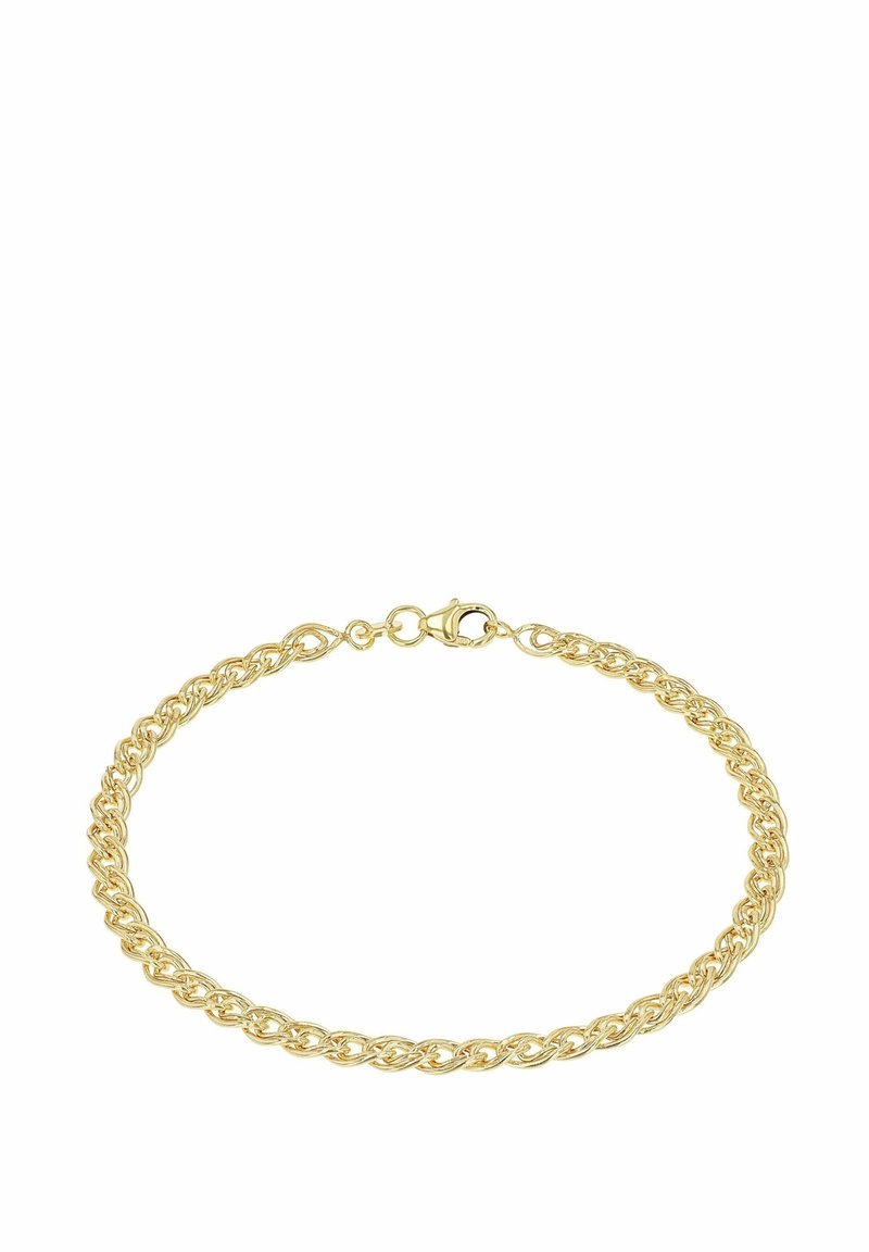 Bracciale in oro con maglie intrecciate, texture liscia e chiusura sicura a moschettone. Adatto per l'uso quotidiano.