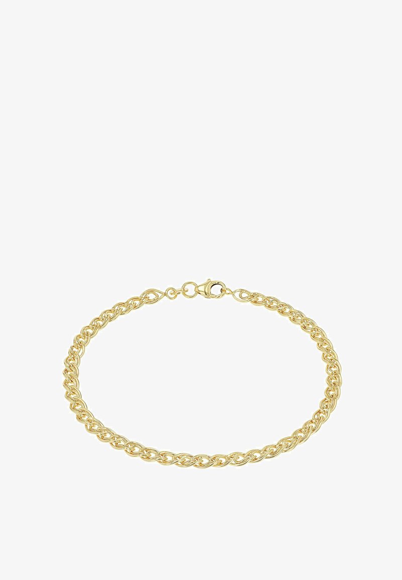 Bracciale in oro con maglie intrecciate, texture liscia e chiusura sicura a moschettone. Adatto per l'uso quotidiano.