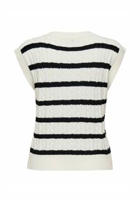 White knit sweater with black horizontal stripes, featuring a cable knit texture and cap sleeves, ribbed hem, and smooth round neckline.
