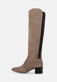 Stivali sopra il ginocchio in pelle scamosciata color taupe chiaro con punta a punta e tacco a blocco. Pannello laterale elastico nero per una maggiore flessibilità e contrasto.