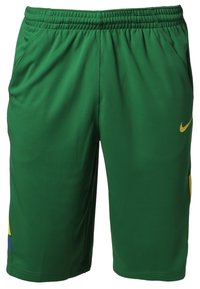 Shorts de sport verts avec une taille élastique, des poches latérales et un logo Nike jaune. Présente des accents colorés près de l'ourlet.