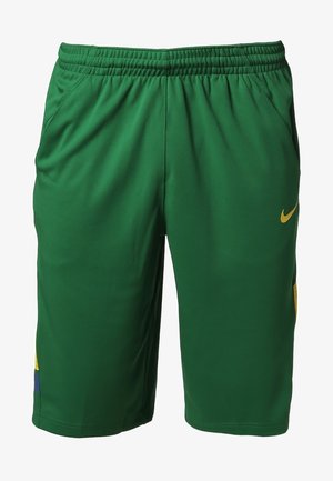 Camisa de baloncesto verde con el texto "BRASIL", acentos amarillos y azules, acompañada de pantalones cortos a juego. Presenta un diseño aerodinámico y un ajuste atlético.