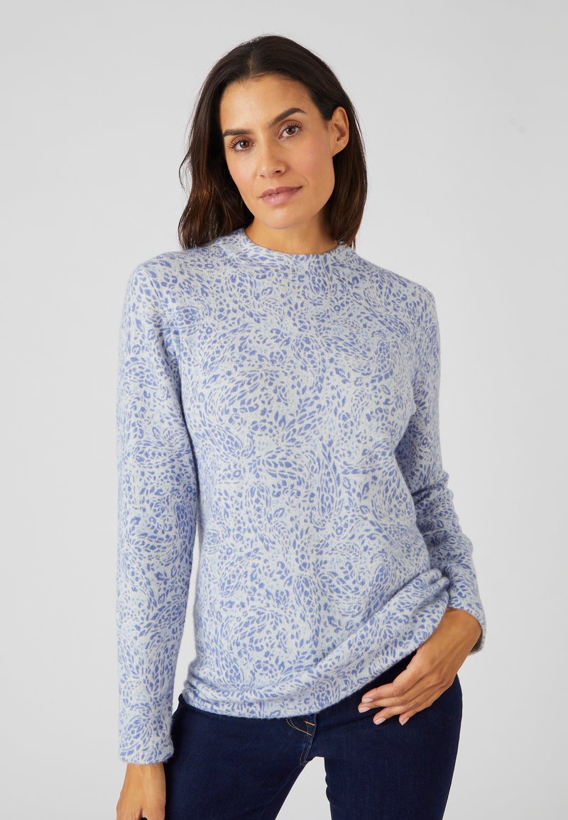 Helles blaues Sweatshirt mit einem strukturierten Muster in dunkleren Blautönen. Mit langen Ärmeln und einem Rundhalsausschnitt, aus einem weichen Material gefertigt.