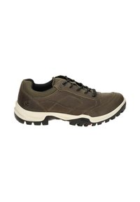 Zapato de senderismo impermeable marrón con cordones negros, parte superior de cuero texturizado, lengüeta acolchada y suela negra resistente para tracción.