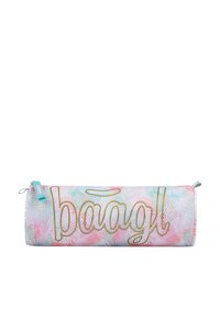 Pencil case v pastelových barvách s motivem palmového listu, s zlatým logem "baagl", zipovým uzávěrem a světle modrým tahem na zip.