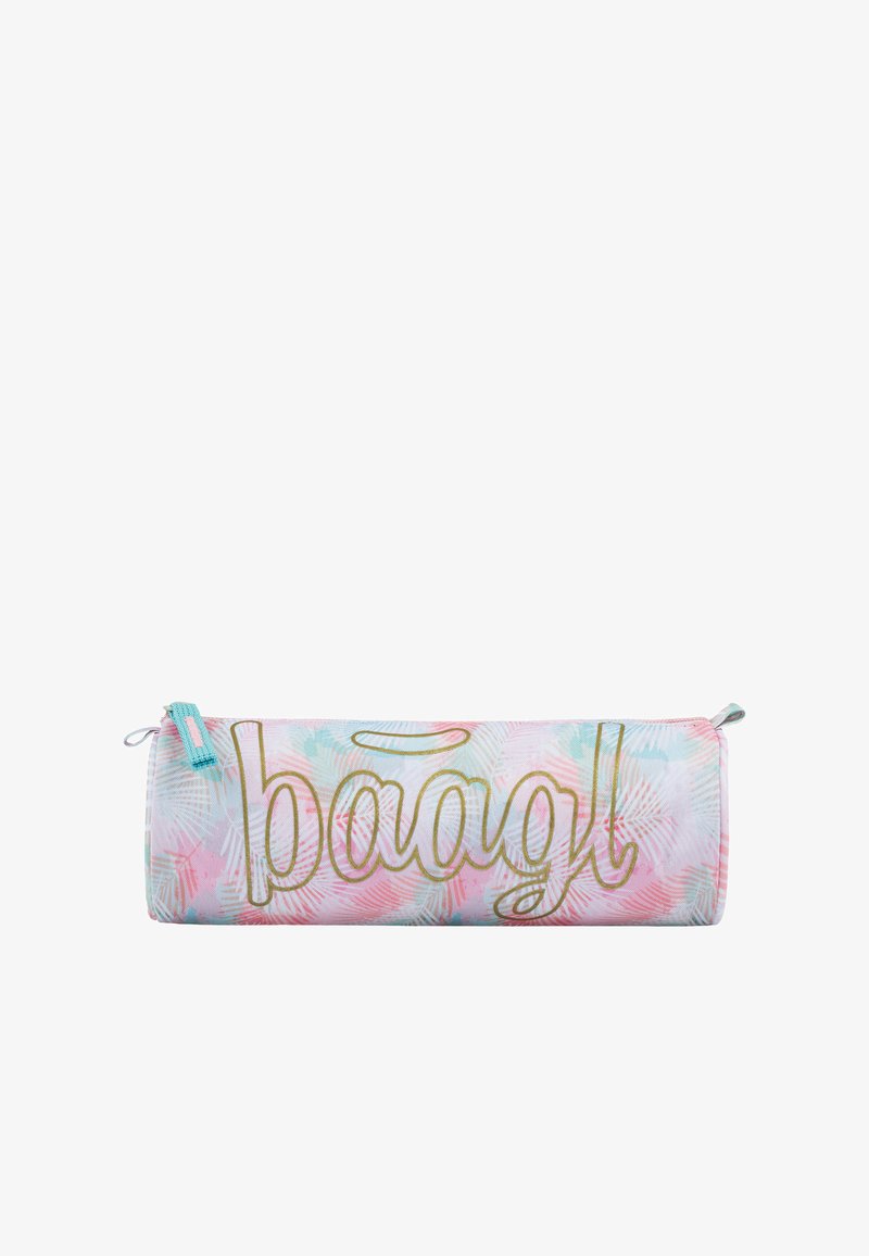 Pencil case v pastelových barvách s motivem palmového listu, s zlatým logem "baagl", zipovým uzávěrem a světle modrým tahem na zip.