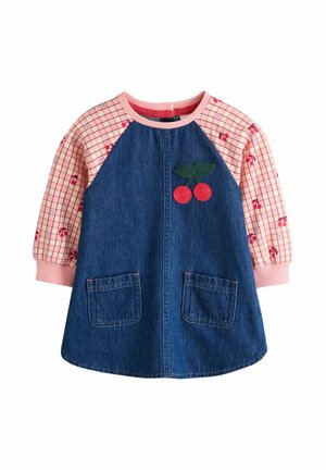 Vestito per bambino con maniche lunghe, corpo in denim, maniche rosa a quadretti con motivo di ciliegie, due tasche frontali e un'applicazione a forma di ciliegia sul petto.