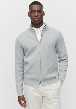 Light grey zip-up sweater made of soft knit material. Features a stand collar and ribbed cuffs, displayed with a white collared shirt underneath.