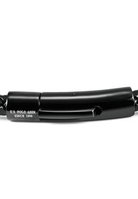 Black braided leather belt featuring a shiny black buckle. Engraved text reads "U.S. POLO ASSN. SINCE 1890" on the buckle.