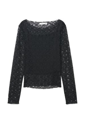 Top nero a maniche lunghe in pizzo con motivo floreale, scollatura rotonda e orlo leggermente smerlato, taglia piccola.