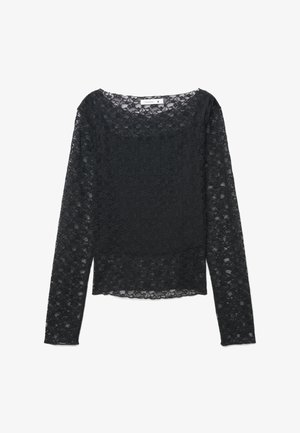 Czarna, długorękawowa bluzka z koronki z kwiatowym wzorem, okrągłym dekoltem i lekko falowanym dołem, rozmiar small.