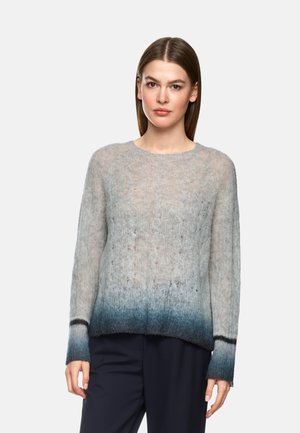Leichter, gestrickter Pullover in einem Farbverlauf von Grau und Blau, mit lockerer Passform, Rundhalsausschnitt, langen Ärmeln und dezentem Strukturmuster.