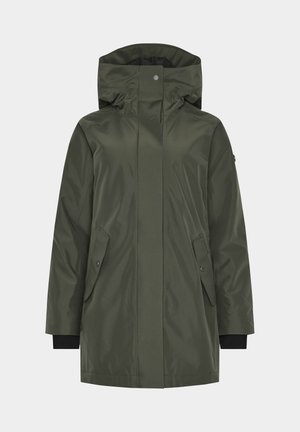 Vihreä vedenpitävä parka, jossa on korkea kaulus ja säädettävä huppu. Ominaisuuksiin kuuluvat kaksi etutaskua, napitus ja mustat neulottuja hihansuita.