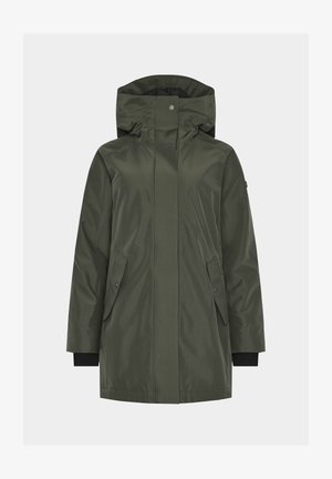 Olivgrüner wasserdichter Parka mit hohem Kragen und verstellbarer Kapuze. Er verfügt über zwei Fronttaschen, Druckknopfverschlüsse und schwarze Strickbündchen.