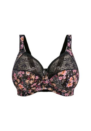 Floral bra with black lace overlay, featuring pink and white flowers on a black background. Soft fabric, molded cups, adjustable straps.